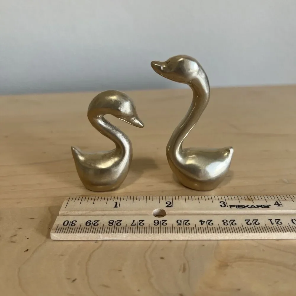 Vintage Pair Brass Swans Geese Small Figurines MCM Mid Century
